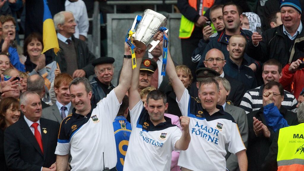 Michael Ryan, Liam Sheedy and Eamon O’Shea lift the Liam McCarthy Cup after the All-Ireland final victory over Kilkenny in 2010 which denied the Cats a famed five-in-a-row. Photograph: Donall Farmer/Inpho