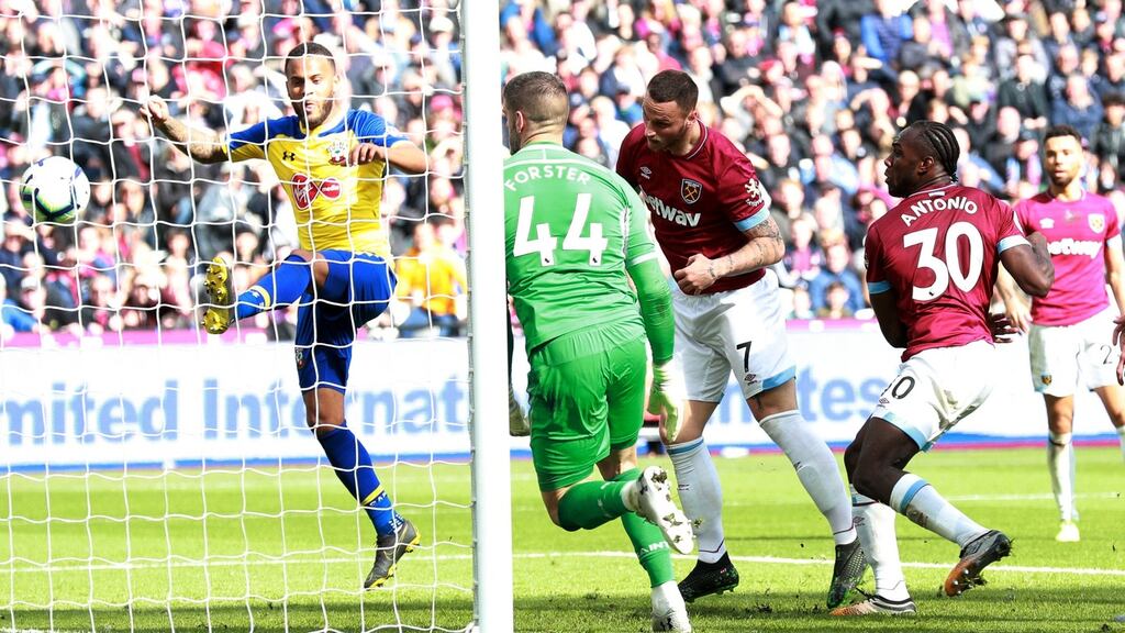 Marko Arnautovic scores his and West Ham’s second against Southampton. Photograph: Ian Walton/Reuters