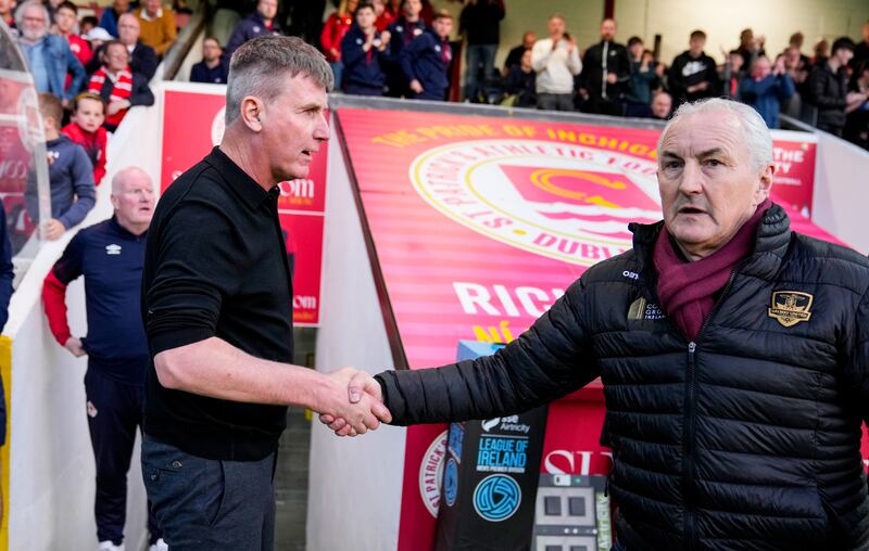 St Pat’s Manager Stephen Kenny and Galway Manager John Caulfield shakes hands after the game. Photograph: James Lawlor/Inpho