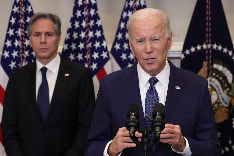 US president Joe Biden announces additional military support for Ukraine as secretary of state Antony Blinken listens in the Roosevelt Room of the White House on January 25th. Photograph: Alex Wong/Getty Images