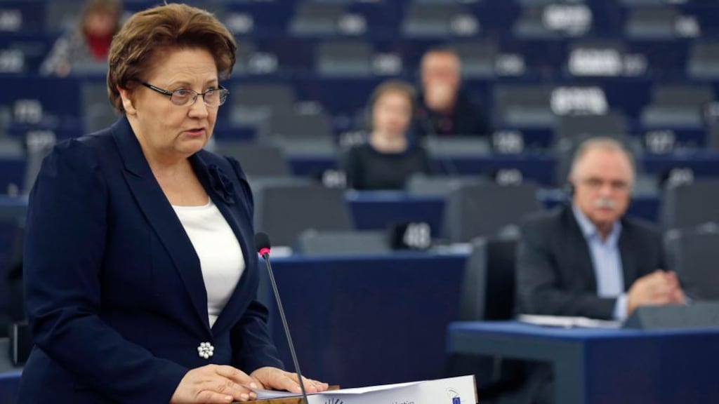 Latvia’s prime minister Laimdota Straujuma addresses the European Parliament on January 14th, 2015. Photograph: Vincent Kessler/Reuters.