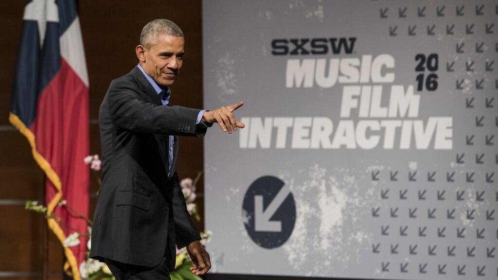 US president Barack Obama at the South by Southwest (SXSW) Interactive festival: “I don’t recall the phrase being, ‘Yes I Can’. It’s ‘Yes We Can’.” Photograph: David Paul Morris/Bloomberg