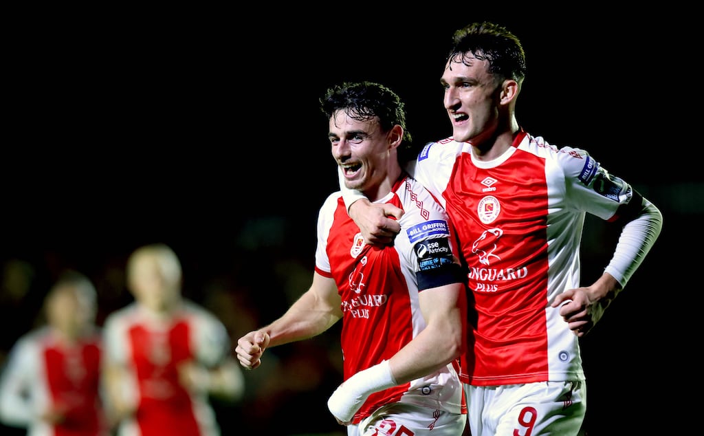 SSE Airtricity League Premier Division, Richmond Park, Dublin 17/10/2025
St. Patrick's Athletic vs Shamrock Rovers
Pats’ Simon Power celebrates scoring the first goal of the game with Mason Melia
Mandatory Credit ©INPHO/Ryan Byrne