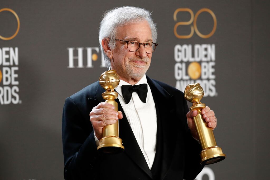 Steven Spielberg with the awards for best director and best motion picture at the 80th annual Golden Globe Awards ceremony. Photograph: Caroline Brehman/EPA