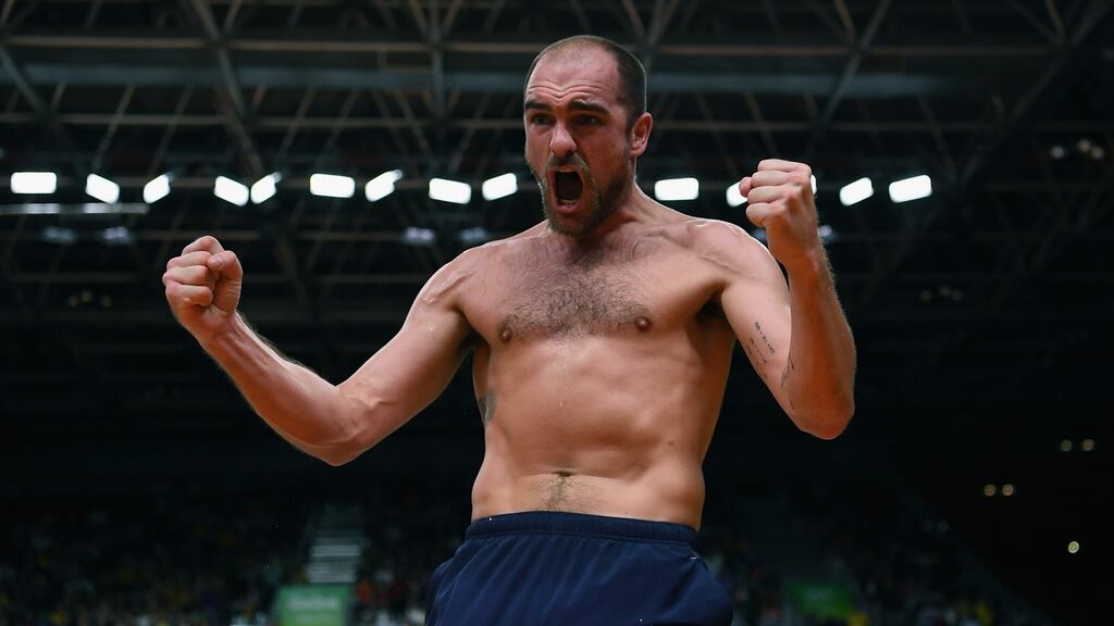 Ireland’s Scott Evans celebrates defeating Ygor Coelho de Oliveira of Brazil during the men’s singles group K match at Riocentro in Rio de Janeiro. Photograph: David Ramos/Getty Images