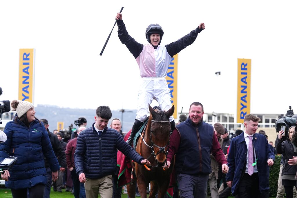 Rachael Blackmore aboard Bob Olinger after winning the Stayers' Hurdle on day three of the Cheltenham Festival. Photograph: David Davies for The Jockey Club/PA