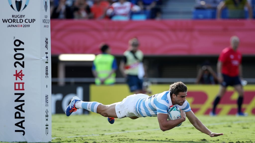 Juan Cruz Mallia of Argentina scores his side’s fourth try during the Rugby World Cup 2019 Group C win over USA. Photo: Cameron Spencer/Getty Images