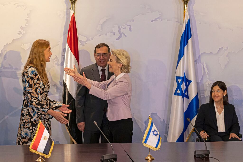 European Commission president Ursula von der Leyen (centre), EU commissioner for energy Kadri Simson (left), Egyptian minister of petroleum Tarek el-Molla, and Israeli minister of energy Karine Elharrar after they signed a trilateral natural gas deal. Photograph: Khaled Desouki/AFP