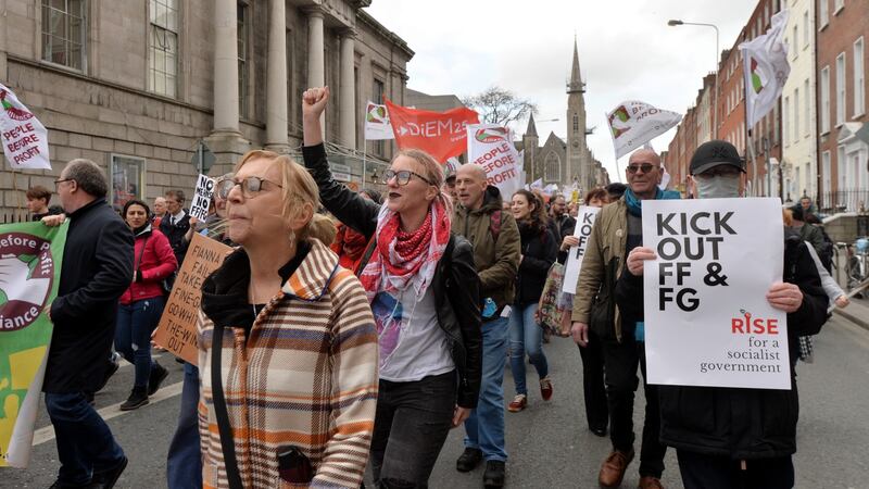 Around 300 people people participated in a protest entitled Stop the Fine Gael/Fianna Fáil Stitch-Up in Dublin on Saturday. Photograph: Alan Betson/The Irish Times.