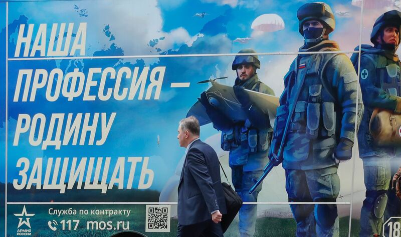 A mobile recruiting office where men can sign a contract with the Russian ministry of defence in Moscow. Photograph: Maxim Shipenkov/EPA