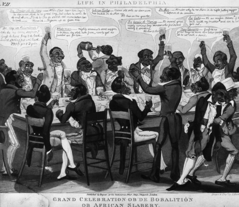 Circa 1810: black Americans from Philadelphia celebrate the abolition of slavery. Published by ‘Tregear at his humourist print shop, Cheapside, London. Original artist and engraver  L Harris Photograph: Hulton Archive/Getty
