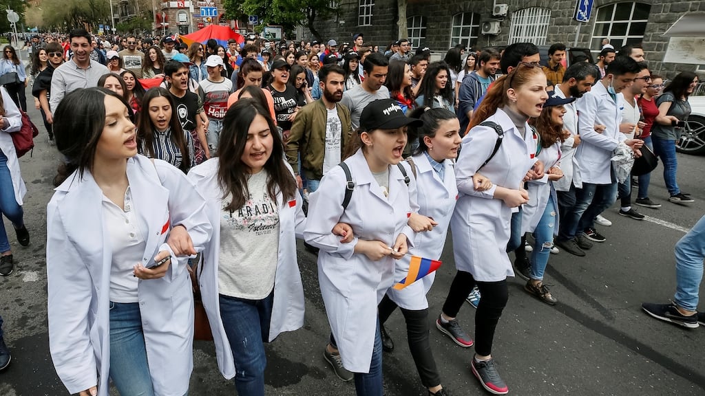 Armenian opposition supporters hold a rally in Yerevan, Armenia, on Sunday. Photograph: Gleb Garanich/Reuters
