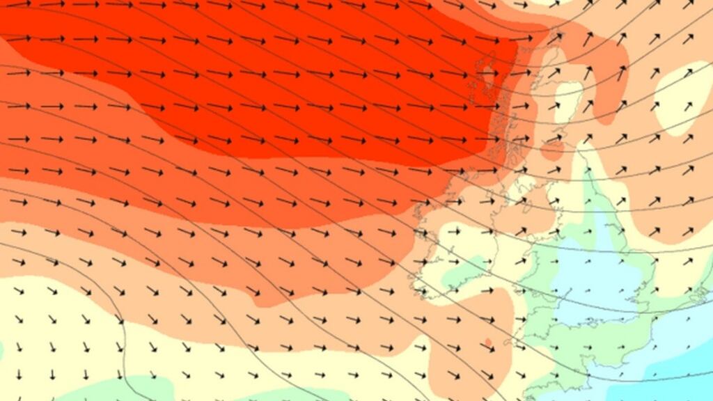 A wind map for Ireland on Wednesday. Darker reds indicate stronger winds. Photograph: Magic Seaweed