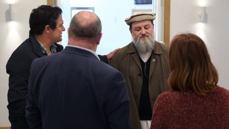Imam Ibrahim Noonan meeting with Paul Freckling and Natasha Muldoon of the ARD Resource Centre, and Senator Trevor Ó Clochartaigh, in the Maryam Mosque on the old Monivea Road in Galway on Tuesday. Photograph: Joe O’Shaughnessy.