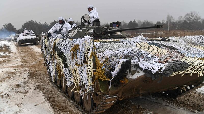 Ukrainian forces on manoeuvres in Chernihiv region, not far from the border with Russia. Photograph: Sergei Supinsky/AFP/Getty