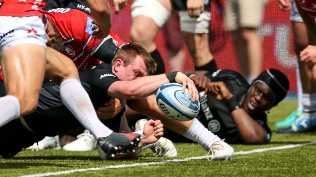 Nick Tompkins completes his hat-trick and scores Saracens’ sixth try during the Gallagher Premiership semi-final match against Gloucester at Allianz Park. Photograph: Paul Harding/PA Wire