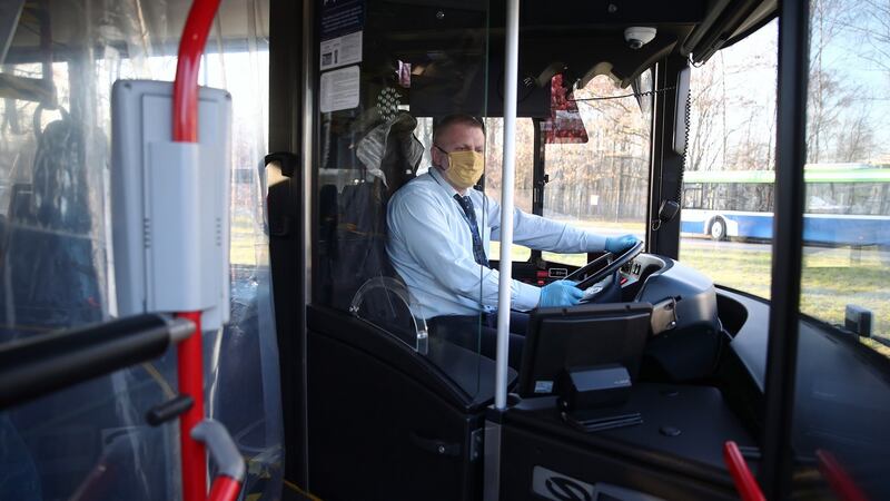 A special municipal bus for transporting healthcare workers operates during the coronavirus pandemic in Krakow, Poland, on Monday morning. Photograph: EPA/Lukasz Gagulski