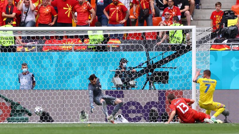 Ukraine’s Andriy Yarmolenko opens the scoring against North Macedonia. Photograph: Marko Djurica/Getty/AFP
