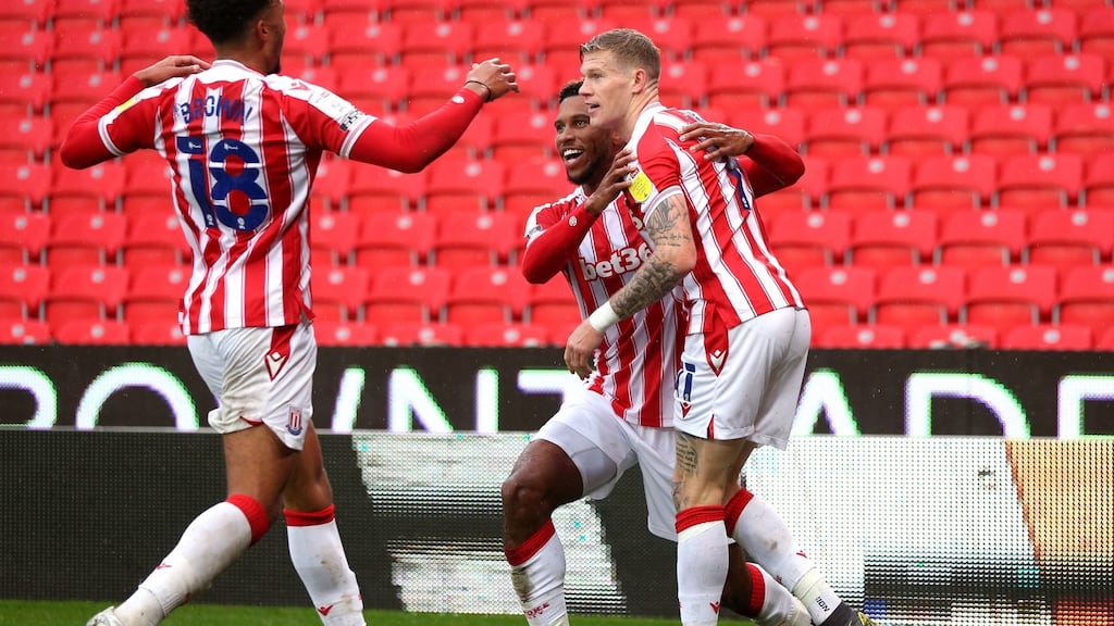 Stoke City’s James McClean celebrates scoring his side’s second goal of the game during the Championship win over Brentford. Photo: Barrington Coombs/PA Wire