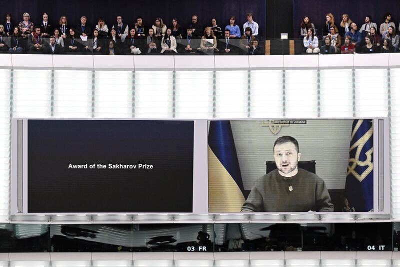 Ukrainian president Volodymyr Zelenskiy speaks to the European Parliament in Strasbourg. Photograph: Frederick Florin/AFP/Getty Images