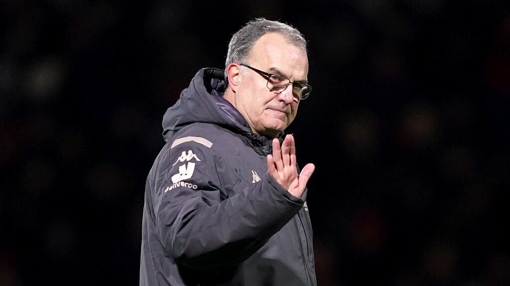 Leeds United manager Marcelo Bielsa salutes the fans after his team’s draw at Griffin Park, Brentford. Photograph: PA