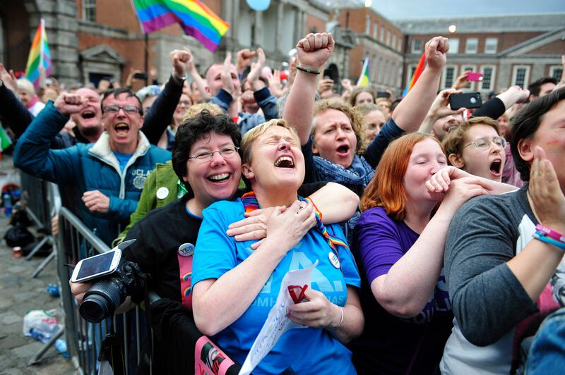 Supporters celebrate after Ireland voted to legalise same sex marriage in 2015. Photograph: Aidan Crawley/EPA