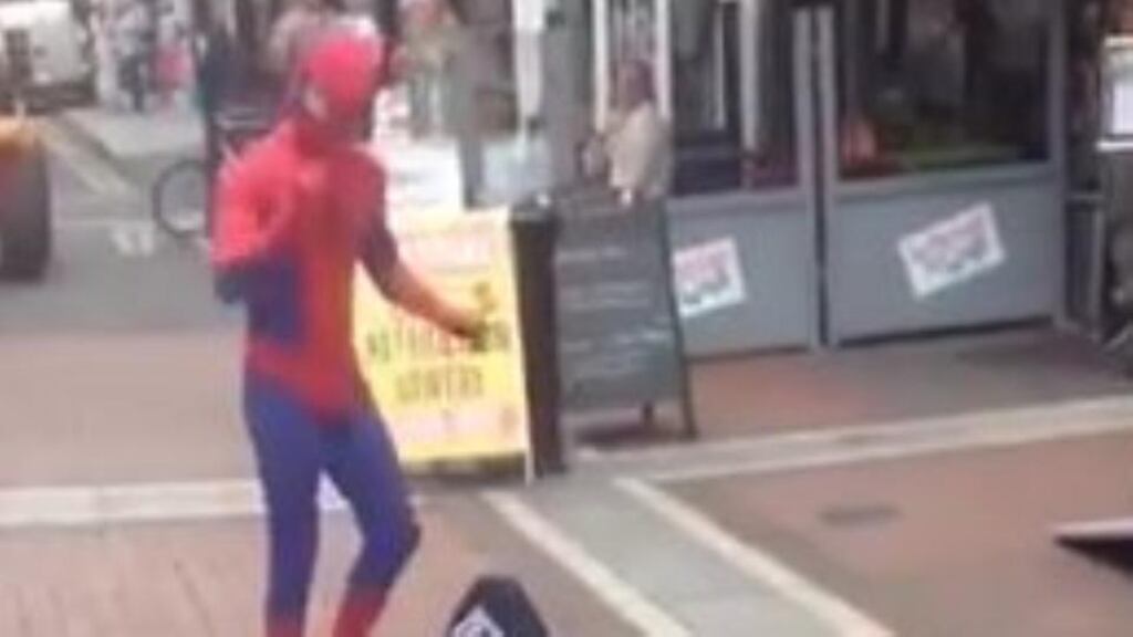 A still from the video of Spiderman engaged in hand to hand combat in Dublin city centre yesterday.