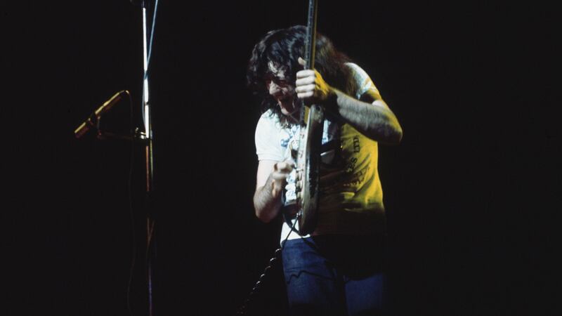 Late guitarist Rory Gallagher (1948-1995) performing at the Rainbow Theatre, London, 1972. File photograph: Debi Doss/Hulton Archive/Getty Images