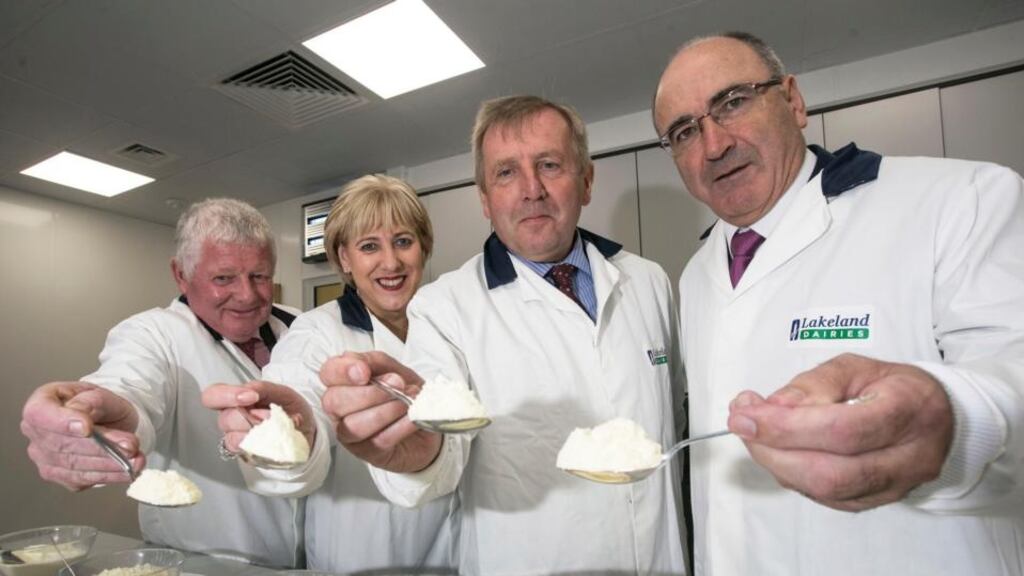 Lakeland Dairies chairman Alo Duffy, Minister for Culture Heather Humphreys, Minister for Agriculture Michael Creed and Lakeland chief executive Michael Hanley at the opening of the Bailieboro plant. Photograph: Colm Mahady