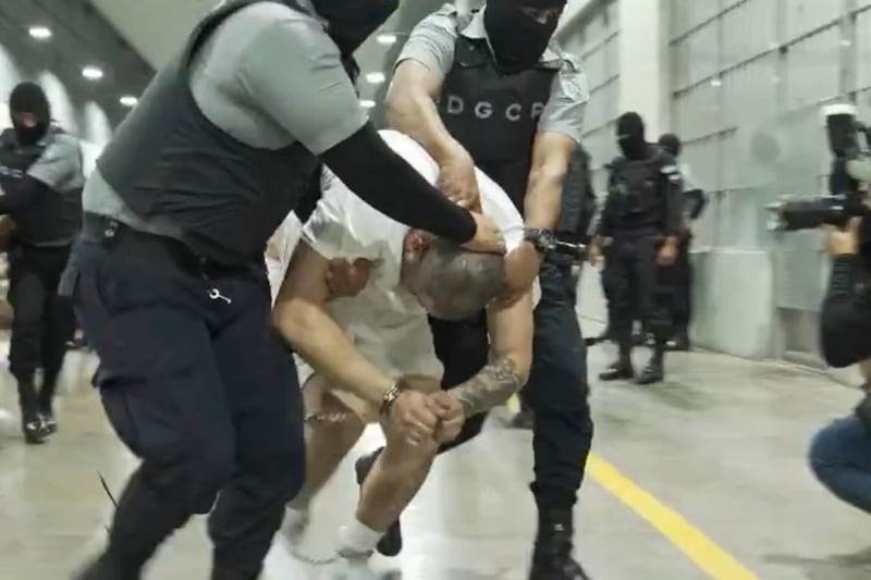 A man identified as Kilmar Abrego Garcia is led by guards through the terrorism confinement centre in Tecoluca, El Salvador, after his deportation from the US. Photograph: US district court for the district of Maryland/AP