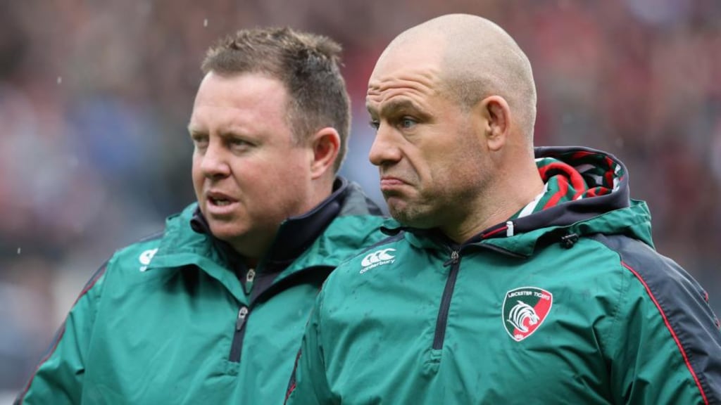 Leicester head coach Matt O’Connor (left), seen here with Tigers’ director of rugby Richard Cockerill, looks set to replace Joe Schmidt as Leinster coach. Photograph: David Rogers/Getty Images