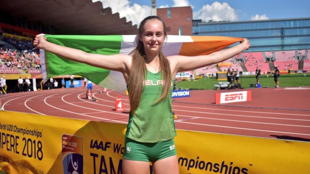 Sommer Lecky celebrating her silver medal performance in the high jump at the World Under-20 Championships in Tampere, Finland. Photograph: Cathal Dennehy/Twitter