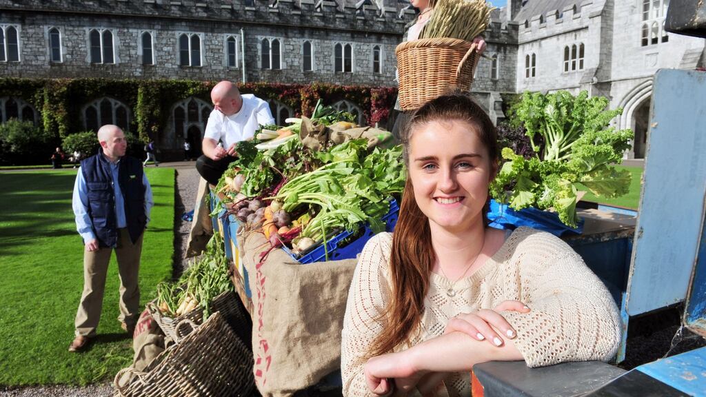 Farmer Trevor Martin, Kylemore Services Group chef Cillian Doherty, UCC students Sarah Farrell, from Wexford, and Catriona Kiely, from Tipperary, at the arrival of the first harvest of vegetables and herbs – from the ‘farm to fork’ initiative – at UCC’s campus. Photograph: Daragh McSweeney/Provision