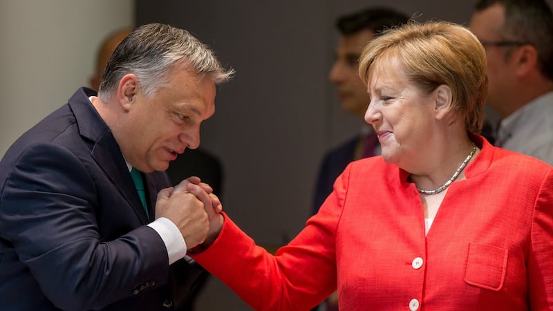 German chancellor Angela Merkel and Hungarian prime minister Viktor Orban in Brussels, Belgium, last week. Photograph: Stephanie Lecocq/EPA