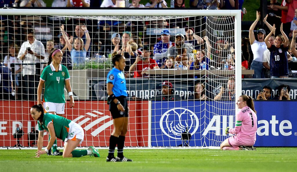 A dejected Courtney Brosnan after Ireland conceded a fourth goal to the United States in Denver. Photograph: Ryan Byrne/Inpho