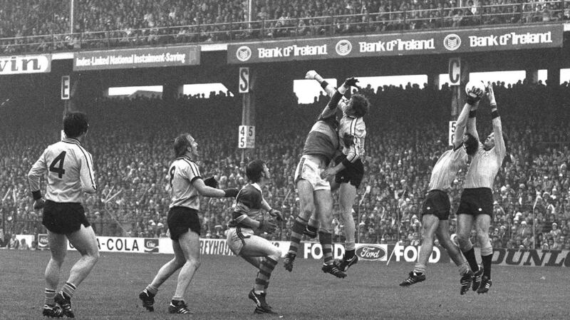 Action from the 1976 All-Ireland final featuring from left, Dublin’s Robbie Kelleher (4), Brian Mullins (8), Kerry’s Sean Walsh and Eoin “Bomber” Liston and Dublin’s Sean Doherty, Kevin Moran and Tommy Drumm. Photograph: Connolly Collection/Sportsfile