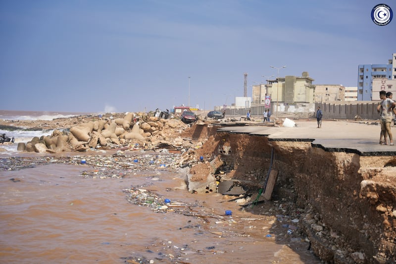 A seaside road collapsed after heavy flooding in Derna. Photograph: Libyan government via AP