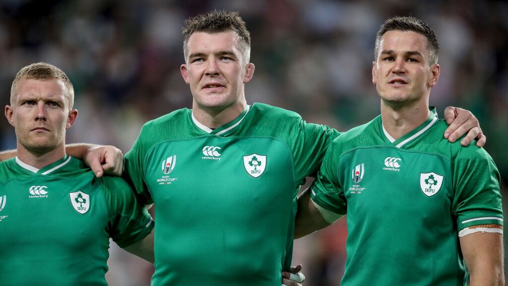 Keith Earls, Peter O’Mahony and Jonathan Sexton ahead of the Rugby World Cup game against Russia in Kobe City. Photograph: Dan Sheridan/Inpho