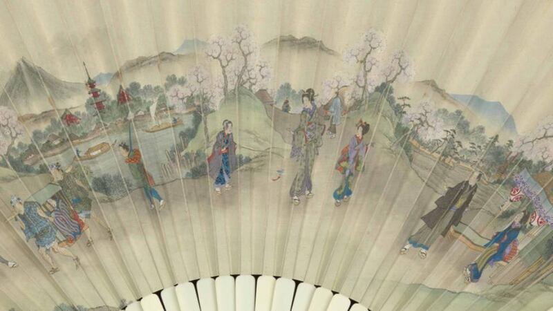 F is for Fan: There are three fans on display, two Chinese-made and one Japanese, and each is an exquisite piece of art. One is mother-of-pearl, with carvings delicate as lace, depicting boats, pagodas and rural scenes. One is tortoiseshell, carved with figures of scholars. They are both brisé fans, which means each segment is carved from a single piece of mother of pearl or ivory; a rarity due to their scarcity and high cost. The Japanese fan is painted on both sides; on one side with a detailed cherry blossom viewing scene and the reverse with chrysanthemums. The fan guards are ivory, inlaid with tiny jewelled birds and flowers.