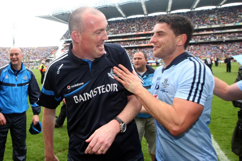 Pat Gilroy celebrates with Bernard Brogan after the 2011 All-Ireland final. Photograph: Donall Farmer/Inpho