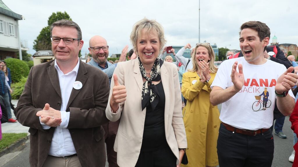 Labour’s Ivana Bacik with party leader Alan Kelly and supporters as she arrived at the byelection count centre at the RDS. Photograph: Brian Lawless/PA Wire