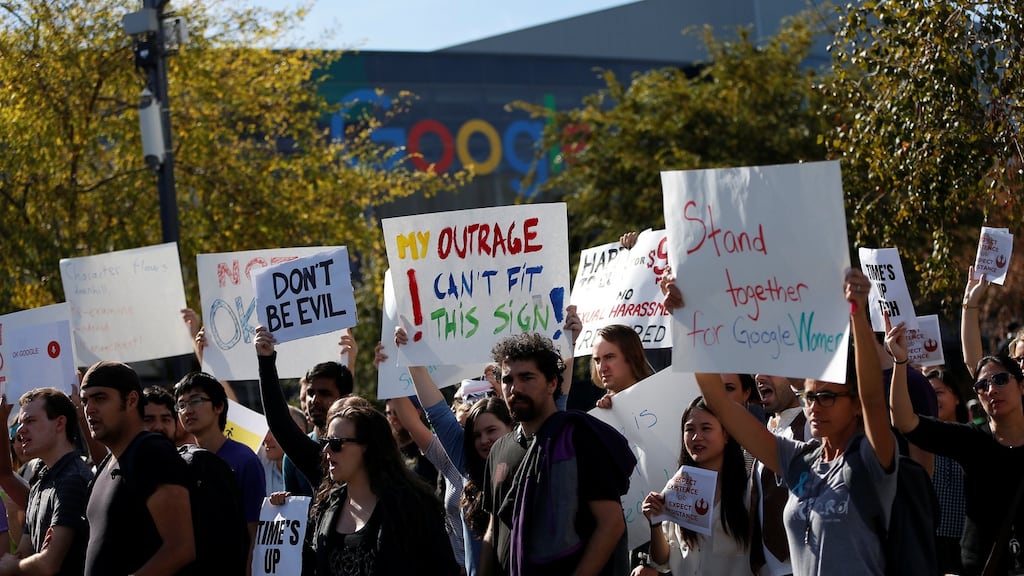 Google employees stage a “women’s walkout” at their Googleplex offices in protest over the company’s handling of payouts to  managers who had allegedly engaged in sexual misconduct at the company in Mountain View, California. Photograph: REUTERS/Stephen Lam