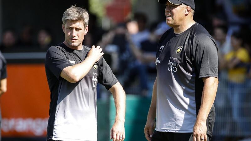 La Rochelle head coach Ronan O’Gara and directer of rugby Jono Gibbes at Statde Marcel-Michelin in August 2018. Photograph: Luttiau Nicolas/Inpho