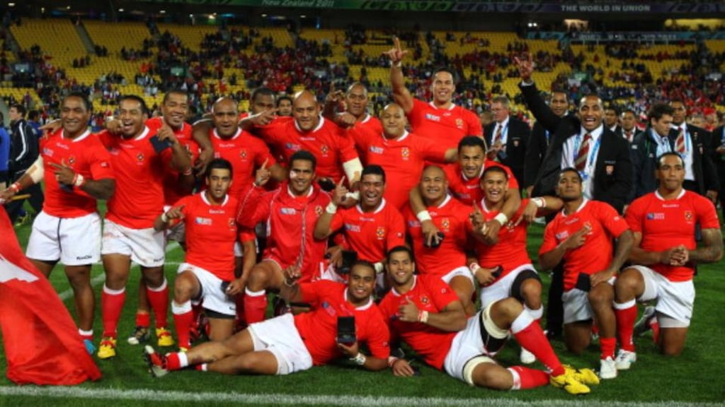 Tonga celebrate after their 19-14 win over France in the 2011 World Cup. Photograph: Getty