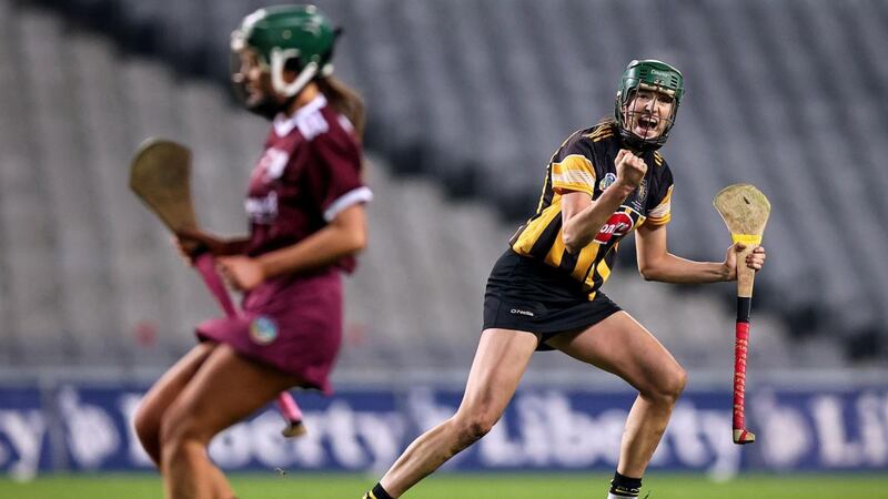 Kilkenny’s Denise Gaule celebrates scoring a goal during the Liberty Insurance All-Ireland Senior Camogie Final at Croke Park. Photograph: Tommy Dickson/Inpho