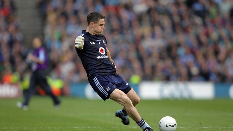 Dublin’s Stephen Cluxton kicks the winning point in the All-Ireland of 2011. Photograph: Inpho.
