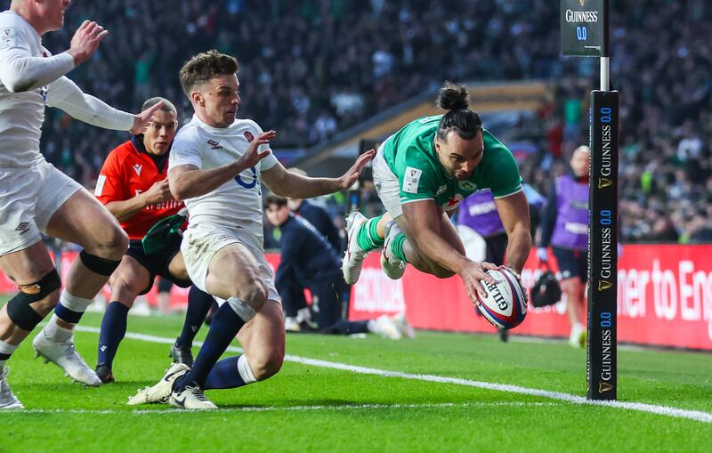 Ireland’s James Lowe scores a try. Photograph: Andrew Fosker/Inpho
