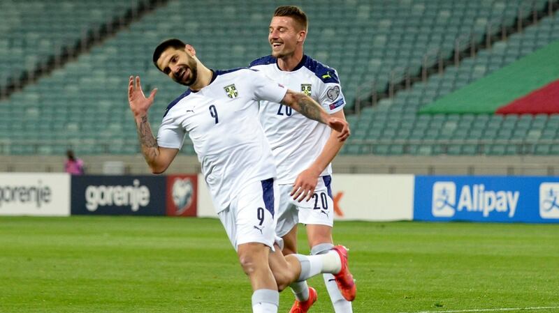Serbia’s forward Aleksandar Mitrovic celebrates after scoring the opening goal during the World Cup Group A qualifier against Azerbaijan in Baku. Photograph: Tofik Babayev/AFP via Getty Images