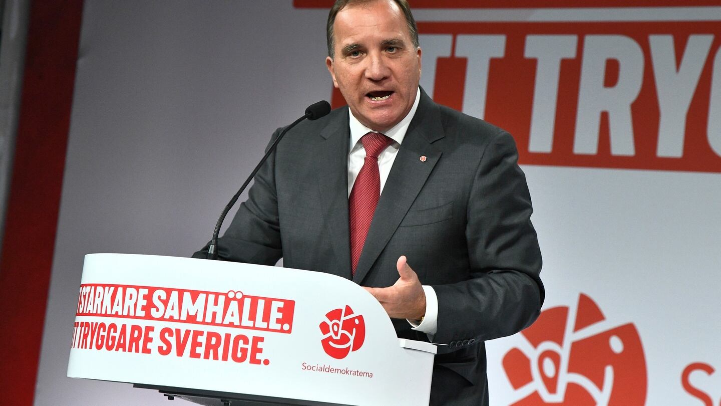 Prime minister and party leader of the Social Democrat party Stefan Lofven speaks at the election party at the Fargfabriken art hall in Stockholm on Sunday. Photograph: Claudio Bresciani/ EPA/