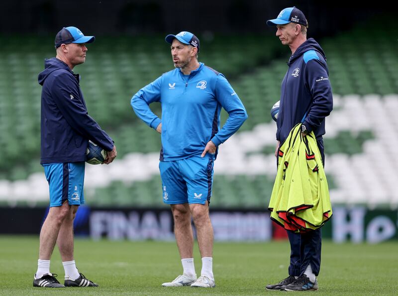 At the Leinster Rugby Captain's Run in the Aviva Stadium were senior coach Jacques Nienaber, assistant coach Andrew Goodman and head coach Leo Cullen. Photograph: Dan Sheridan/Inpho